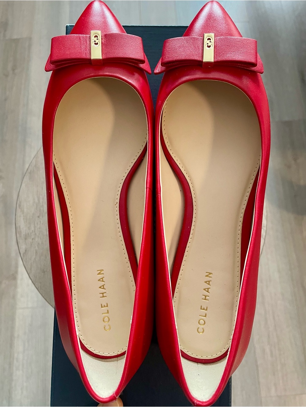 Brand New Cole Haan Red Pointed-Toe Flats with Bow and Gold Accent